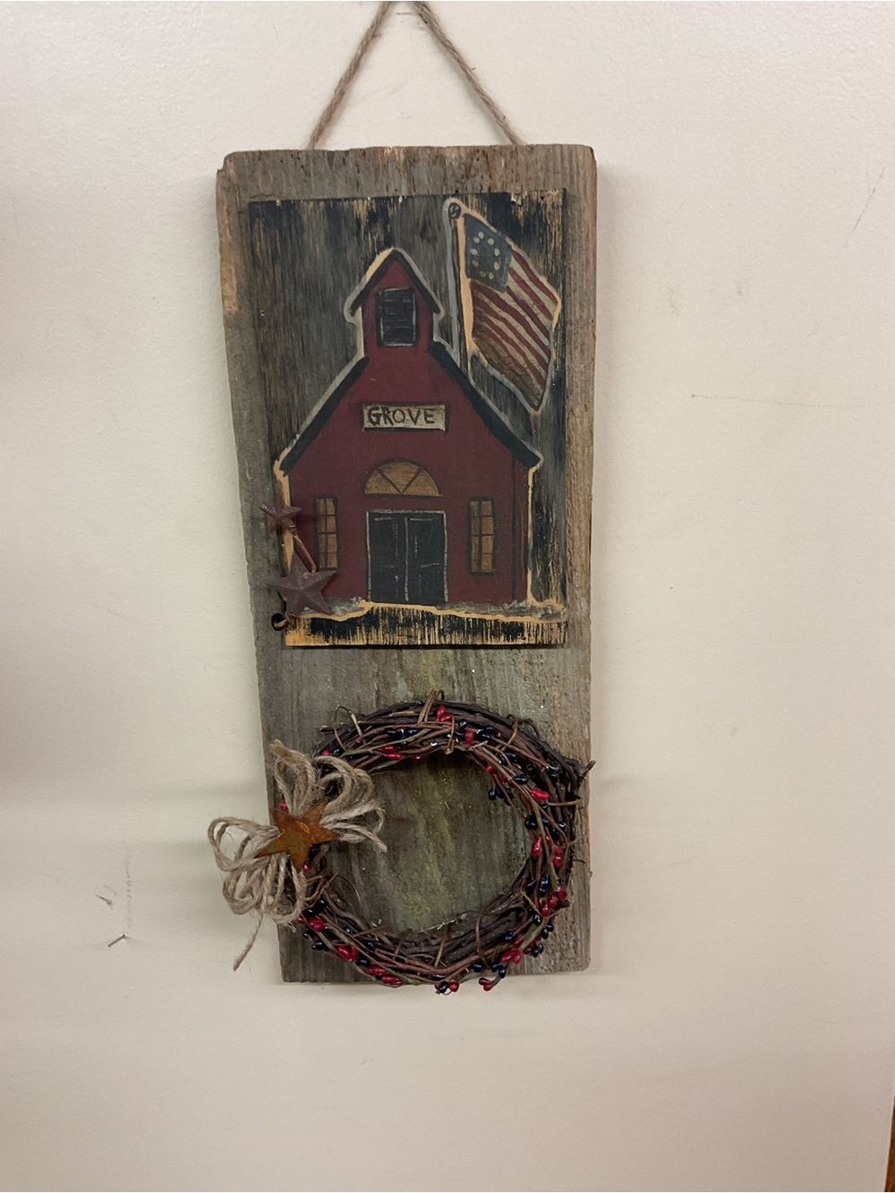Rustic Red Schoolhouse Wall Hanging with Berry Wreath